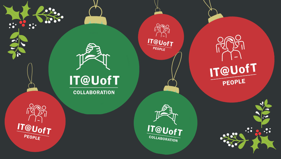 Graphic of IT@UofT strategic plan icons in holiday decorations