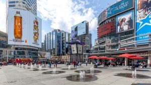 Yonge-Dundas Square in Toronto. The Yonge-Dundas intersection is one of the busiest in Canada.