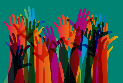 Colourful graphic of hands raised
