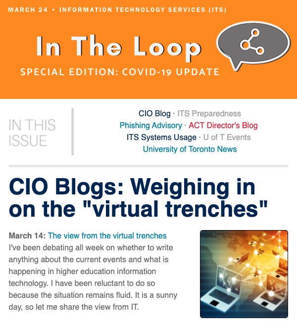 Screen capture of ITS' In The Loop special edition e-newsletter, dated March 24, 2020.