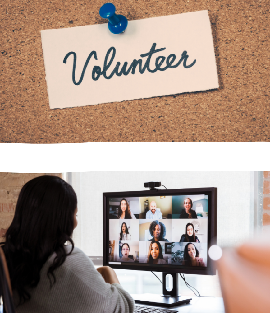 volunteer sign and women at a computer participating in an online meeting