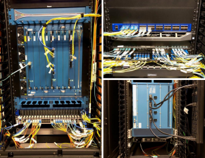 Collage of three images showing close up of firewall technology and hardware