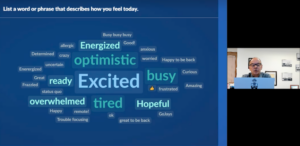 Screenshot of Bo Wandschneider speaking at the virtual event. Beside him is a word cloud which includes words like excited, optimistic busy, tired and overwhelmed. These are responses to his question, "How are you feeling today?"