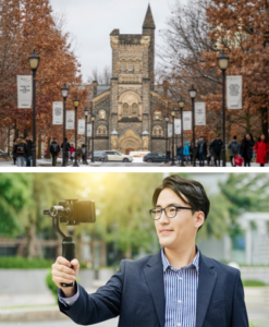 Two photos stacked. The top one is a photo of the University College building. The bottom one is a man filming himself using a smartphone.