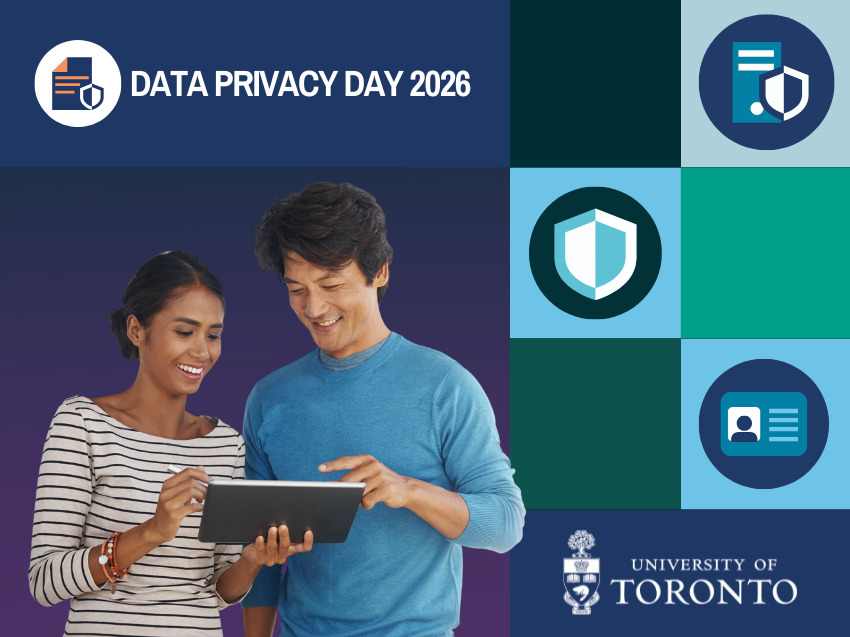 Data Privacy Day 2026: Two people looking at a tablet beside icons that represents cyber security