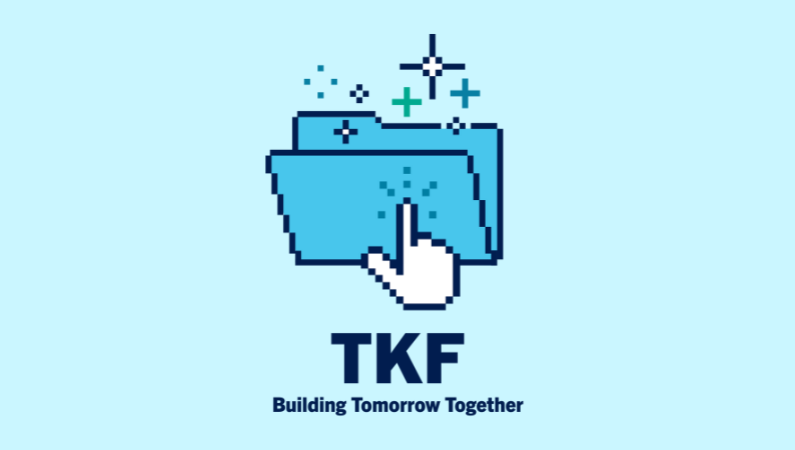 A hand clicking on a folder. TKF - Building Tomorrow Together.