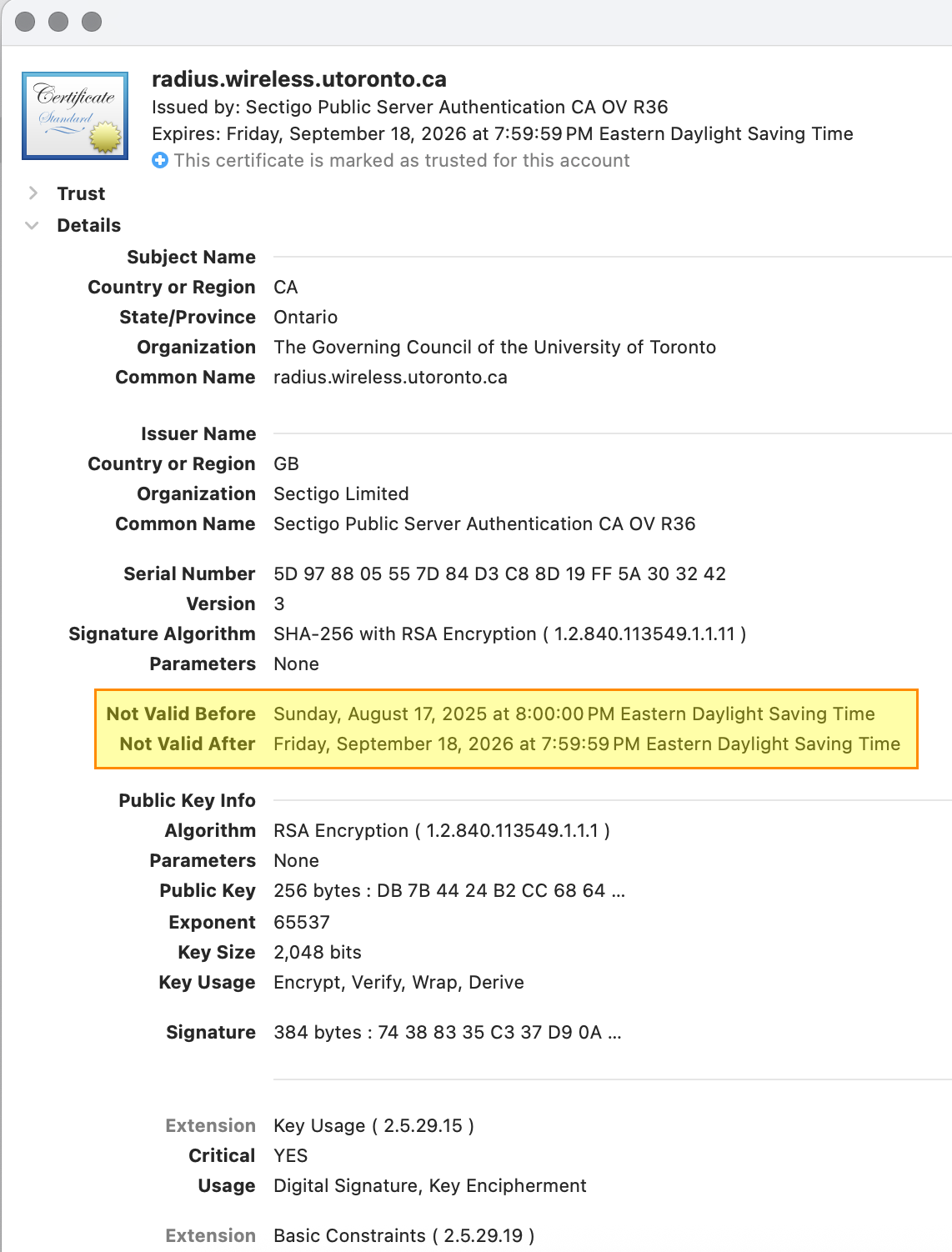 An example of a wireless certificate with the Not Valid Before and Not Valid After fields highlighted.